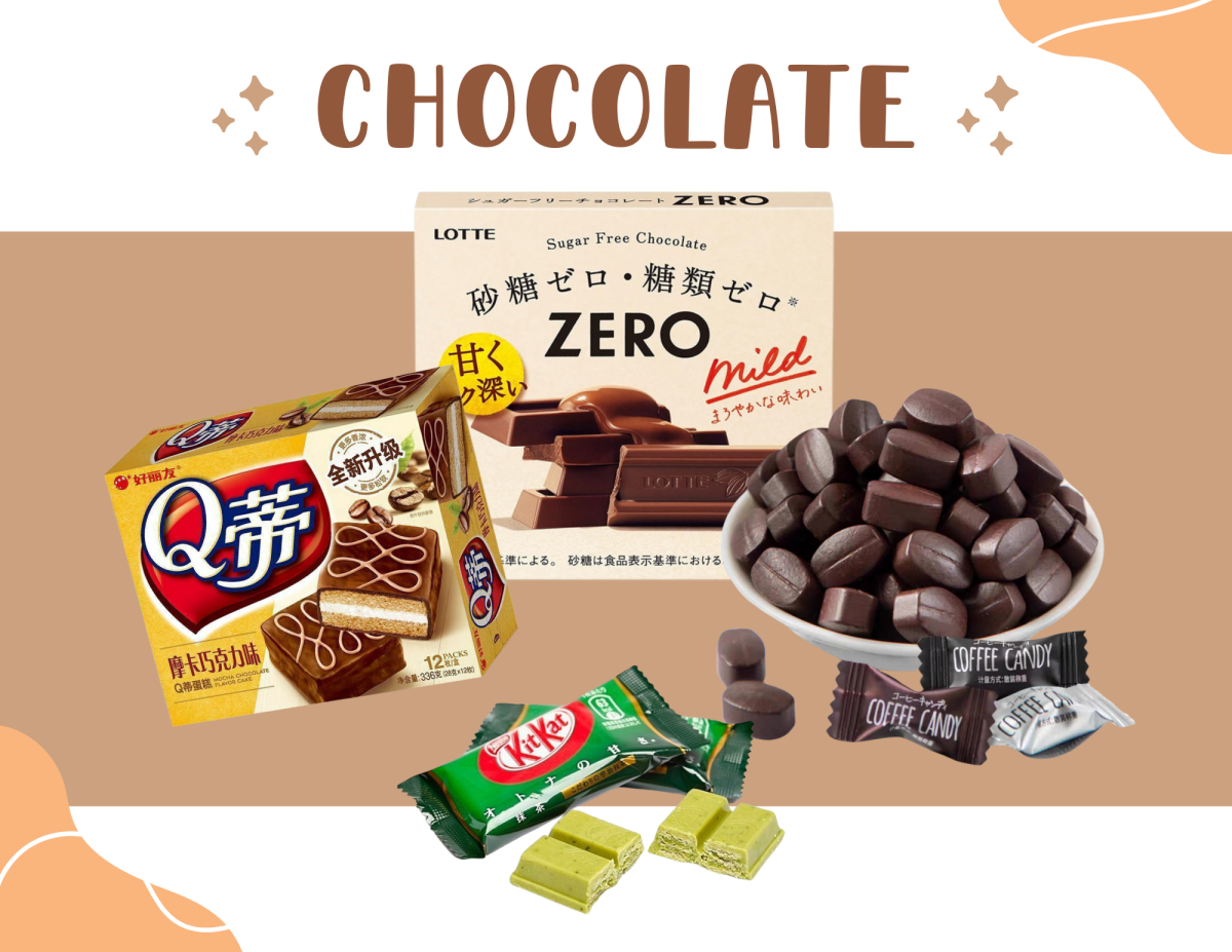 Clockwise starting from the center: Lotte Zero, Tosup Coffee Candy, Matcha  KitKat, Orion Chocolate Cake